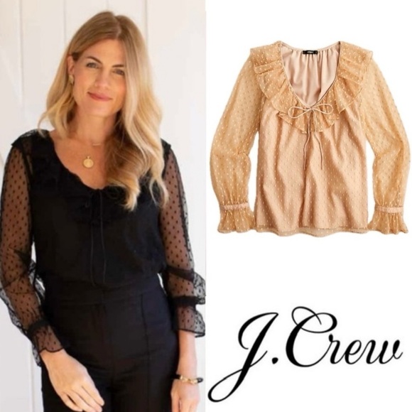 NWT J. Crew Ruffleneck Clip-dot Top Bow Detail Cream Sheer Long Sleeve size XL - Picture 2 of 9